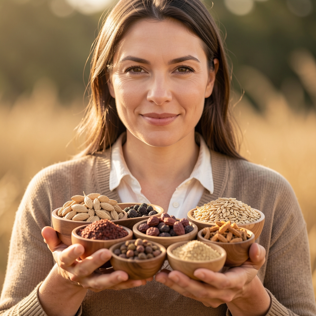 Alte Landkarte und historische botanische Zeichnungen von Nahrungspflanzen auf einem Holztisch – warmes indirektes Licht, keine Personen