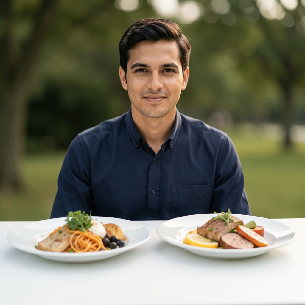 Zwei verschiedene Teller mit unterschiedlichen Speisen nebeneinander auf einem weißen Tisch – Gegenstüberstellungskomposition ohne Personen